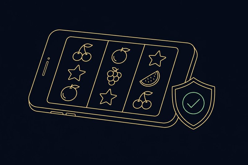 Gezeichnetes Smartphone mit Walzen eines virtuellen Automatenspiels und einem Prüfschild
